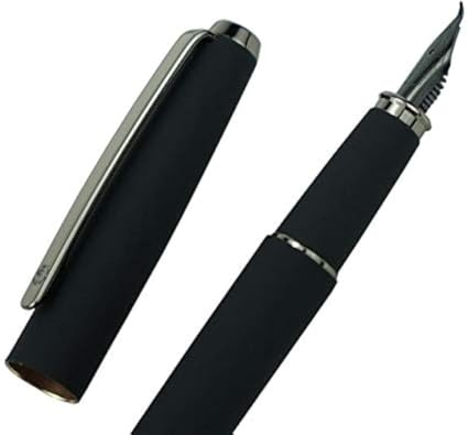 Hongdian 517D Matte Black Fountain Pen Bent Nib Fude Pen, Warrior Series, Classic Design with Converter and Metal Box