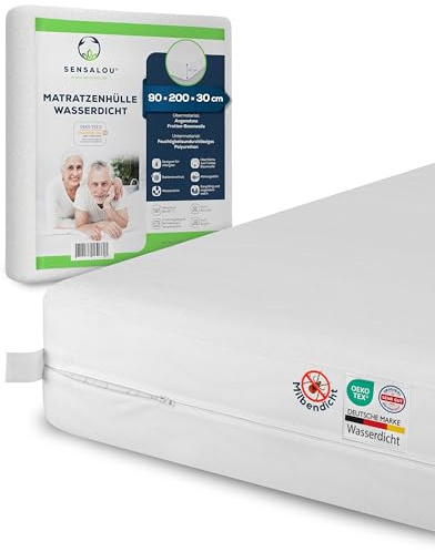 Sensalou Matratzenschoner 90x200x30 cm - Wasserdichtes Encasing & | Matratzenbezug für Allergiker, Schutz gegen Bettwanzen, mit Reißverschluss, Geräuschloses Frottee, Ökotex & 95 Grad Waschbar