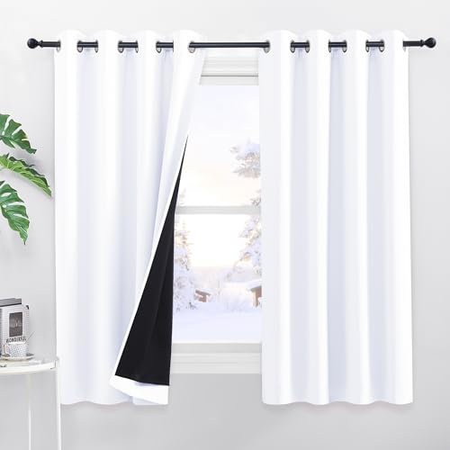PONY DANCE 100% Verdunklungsvorhänge Kurz Ösenvorhang 2er Set H 145 x B 140 cm Doppellagige Gardinen Weiss Blickdicht Dicke und Schwere Vorhänge Hitzeschutz Thermogardie Wärmeisolierend