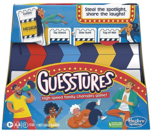 Hasbro Gaming Guesstures spel, Charades-spel för 4 eller fler spelare, inkluderar anpassningsbara kort och klapper, familjefestspel för åldrarna 8 och uppåt