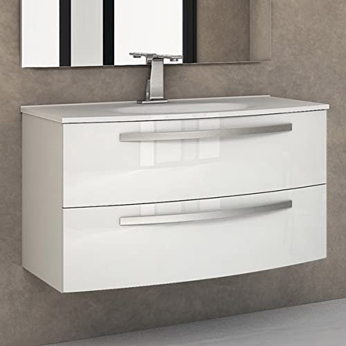 Yellowshop - Mobile bagno curvo sospeso 100 cm 2 cassetti con lavabo - specchiera con luce led (opz.) Baden House STELLA Bianco lucido (Mobile con lavabo)