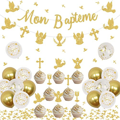 JOYMEMO Décorations Mon Baptême Décorations de Première Communion Or Blanc Mon Baptême Bannière Ange Croix Pigeon Graal Guirlande Cupcake Toppers pour Garçons Filles Baby Shower Décorations