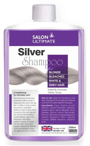 Salon Ultimate 250ml No Yellow Silver Purple Toning Shampoo for Grey Blonde Hair, Soft and Shiny, Enhanced Silver Sheen for Bleached and Grey Hair, Colour Protecting Shampoo