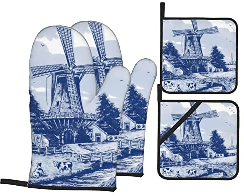 4 Stück Topflappen Set Nederland Niedliche Vintage Holländische Windmühle Delfter Blau Ofen Mitts Lustig Oven Gloves Anti-Rutsch Kochhandschuhe Für Kochen, BBQ, Mikrowellenofen