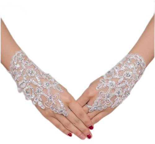 TozLu Damen-Spitzenhandschuhe, Abendhandschuhe, Handschuhe, Brauthandschuhe, Fingerlose Länge, Spitzenapplikationen, weiße Braut-Hochzeitshandschuhe (Farbe: Weiß, Größe: Einheitsgröße)