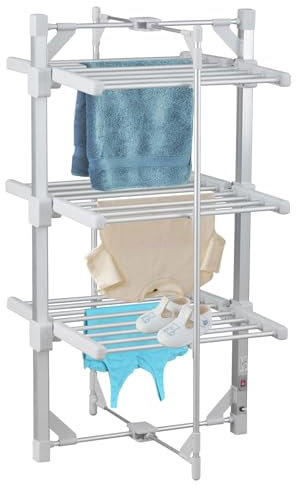 Taylor & Brown 3 Tier Heated Clothes Airer | Deluxe Folding Aluminium Clothes Drying Rack | Electric Laundry Drying Horse Rack | 220W Energy Efficient 24 Rails, 111cm, Compact Mini Version