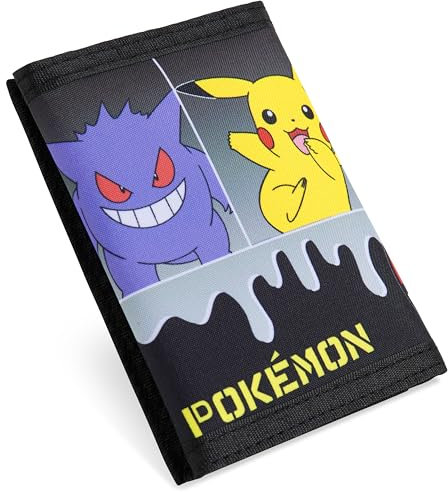 Pokemon Faltbare Geldbörse Kinder, Geldbeutel mit Münzfach & Kartenfächern (Schwarz/Multi)