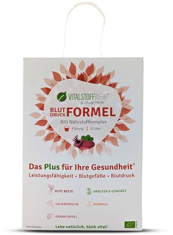 Blutdruckformel 3 L VITALSTOFFWERK - Bio Nährstoffkomplex mit Kalium, Vitamin C, roter Beete Saft, Leistungsfähigkeit, Blutgefäße, Blutdruck