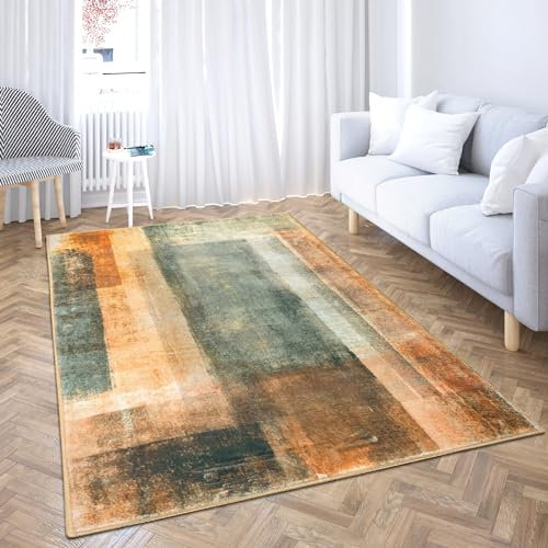 Comart, Shedir - Alfombra de Pelo Corto y Suave, para salón, Dormitorio, diseño Moderno y Elegante, decoración clásica y contemporánea, Estampada, Gris y Naranja, 60 x 120 cm