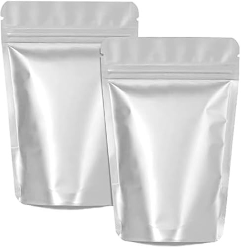 XFXIA Mylar-påsar, aluminiumfoliepåsar, 100-pack, luktsäkra påsar, återförslutningsbara stående förpackningspåsar, väskor för matförvaring, godis, kaka, badsalter (9 cm x 13 cm, silver)