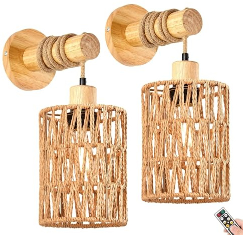 SJMFGF Remote Battery Operated Light Sconces Wall Decor Set of 2,Boho Wall Sconces Battery Rechargeable Rattan Wicker, Dimmable Wireless Wall Lamp for Bedroom,Hallway,Entryway