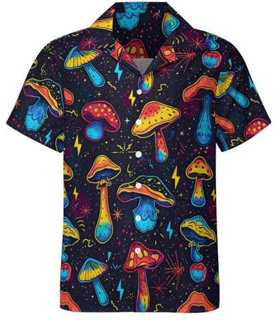 TiwBski Chemise hawaïenne à manches courtes pour homme, motif champignon amusant, Noir/M1, Taille L