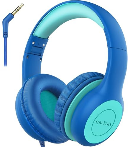EarFun Kids Headphones Wired, Foldable Headphones for kids, 85dB Volume Limiter, Sharing Function, Stereo Sound, Adjustable Headband, Wired Children Headphone for School/Travel/Phone, Blue Green