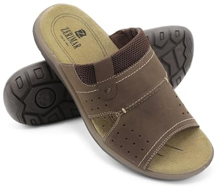 Zerimar Lädersandaler för män | sommarsandaler för män, bekväma platta sandaler | herrsandaler i läder | halkfri sula | ingen stängning, Brunt, 40 EU