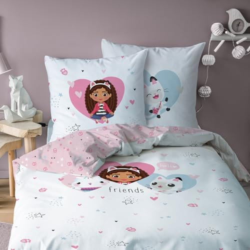 MTOnlinehandel Gabby Bettwäsche Bettbezug 135x200 80x80 Baumwolle · Kinderbettwäsche Mädchenbettwäsche Gabby's Dollhouse Katze, Herzen · 2 teilig