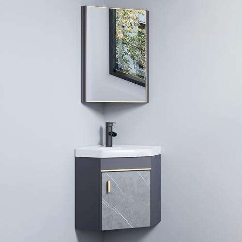 Modernes Eckwaschbecken für Badezimmer, Wandmontage, Keramik-Waschbecken mit Spiegelschrank, für kleinen Raum (48 x 48 x 43 cm), freistehendes Design und platzsparende Lösung