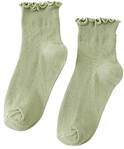 HUAJINGKEJI Bequeme, weiche Socken, Damensocken, Rüschen, Umschlagmanschetten, kurze Socken, lässige Knöchelsocken, atmungsaktive Baumwolle, Bootie-Socken, süße Rüschen, lichtgrün, XS-XL