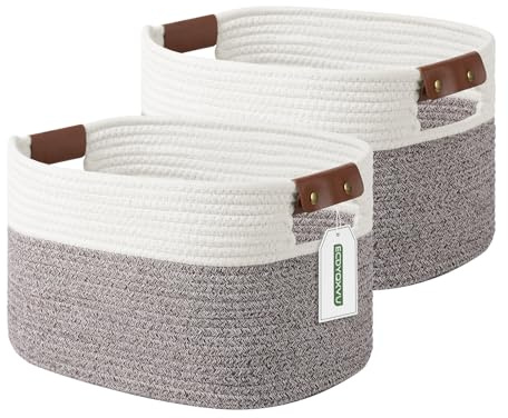 ECDYQXVU Cotton Rope Basket, Storage Baskets with Handle, 15x10x9 Inch Woven Basket for Shelves, Laundry, Towels, Clothes, Books (White Brown 2 Pack)
