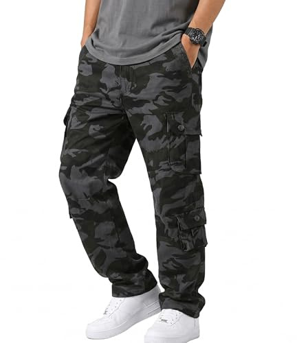 Misfuso Pantalon Cargo Homme en Coton Pantalon de Travail avec Plusieur Poches Ample Fit Noir Camouflage M