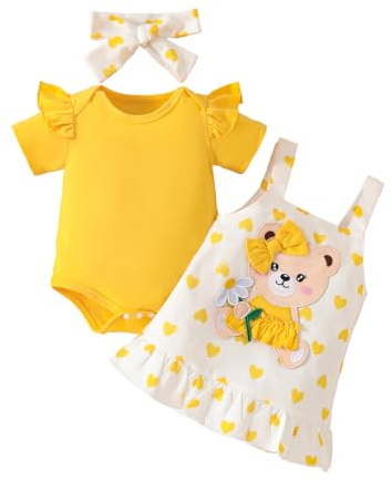 UUAISSO Baby Outfits für Mädchen mit Herz Print kurzärmelig Strampler Hosenträgerrock Bären Kleid Schleife Stirnband 0-18 Monate Huangse-Bär 3-6 Monate