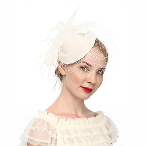 howkuhat Damen Fascinators Retro Pillbox Hut mit Schleier Feder Stirnband Kopfbedeckung Teeparty Haarschmuck