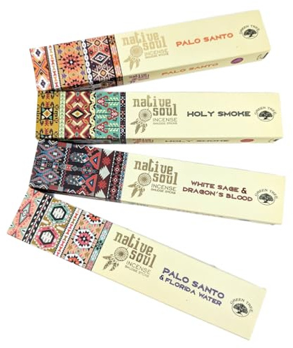 Native Soul Räucherstäbchen, 4 Stück, mit JRose Räuchergefäß – Palo Santo & Florida Wasser, Copal, weißer Salbei, Heiliger Rauch – Grüner Baum Masala – Reinigungs- & Meditationsgeschenk NS2