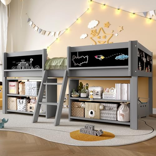 Merax Kinderbett 90x200 cm, Hochbett mit Stauraum und Rausfallschutz, Jugendbett mit Leiter, Bücherregal & Zeichentafel, Holzbett mit Lattenrost - Kiefer massivholz, ohne Matratze, Grau