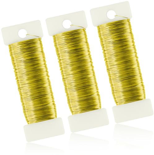NISENTIA 150m × 0,35mm Basteldraht Dünn Gold, 3 Rollen Draht Zum Basteln Schmuckdraht Gold Dünner Golddraht zum Basteln Blumendraht Wickeldraht für Deko Handwerk Perlendraht Craft Wire (50m/Rolle)