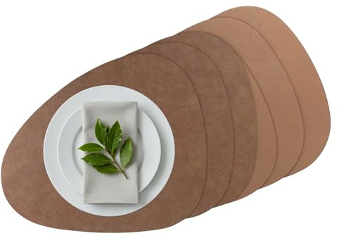 G.schmückt Platzset Kunstleder oval, Wendbares Tischset abwaschbar, Modernes Platzdeckchen, Tischunterlage Nierenform (Coffee, 6 Stück Platzsets)