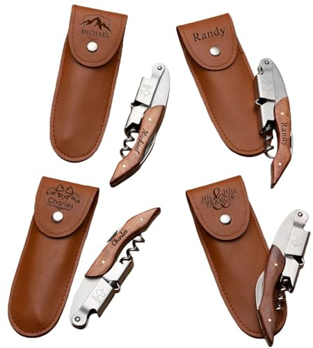 Personalized Stainless Steel and Wood Handle Wine Bottle Opener with Leather Case, Customizable Engraving Name/Logo, Corkscrew Removal Tool for Home Bar Restaurant