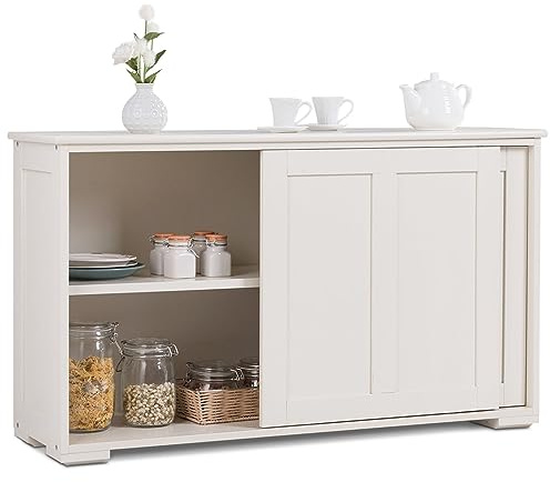 COSTWAY Sideboard, Küchenschrank mit Schiebetüren & verstellbarem Ablage, Buffetschrank Aufbewahrungsschrank, Beistellschrank für Küche, Esszimmer, Wohnzimmer, Holz, 107 x 33 x 60 cm, Weiß
