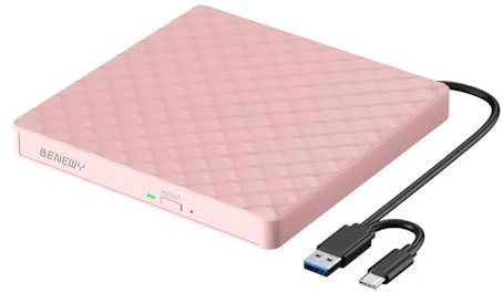 Unidad externa de CD y DVD, USB 3.0 y tipo C, lector de CD y DVD +/-RW, grabadora de DVD/CD ROM, unidad de DVD óptica delgada para laptop, escritorio, Mac, Macbook, OS/Windows 11/10/8.1/7/Linux rosa