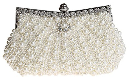 HONGCI Glitter Faux Pearl Beaded Rhinestone Women's Clutch Bag, Ladies Evening Bag Bridal Wedding Bag Handbag Prom Bag Purse (Off White)