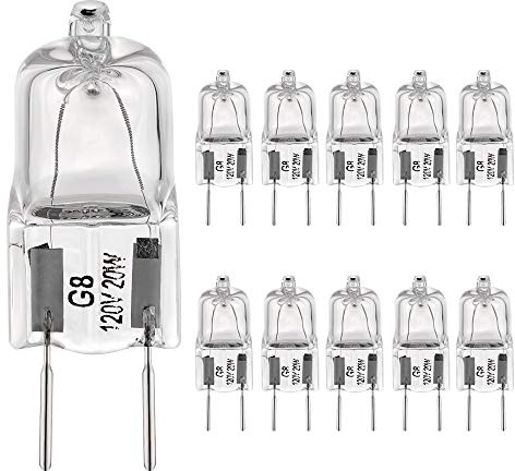 BOGAO G8 Light Bulbs 20Watt 120Volt Halogen Light Bulb G8 Base Bi-Pin Shorter 1-3/8 (1.38) Length 20W T4 JCD Warm White Under Cabinet Puck Lighting Replacements,10Pack