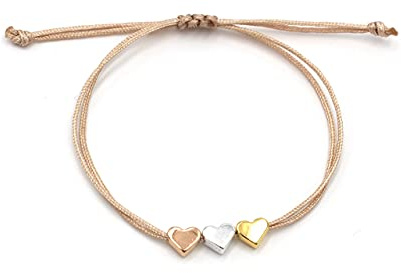 Filigranes Makramee Armband 3 Herzen tricolor, verstellbarer Verschluss | silber-, gold-, rosegoldfarben - Geschenkidee Freundinnen, Freundschaftsarmband