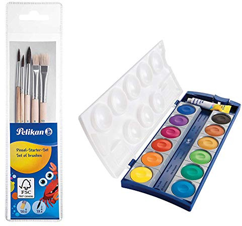 Pelikan 718163 - Pinsel Starterset (3 Haarpinsel, 2 Borstenpinsel) (Pinselset, 12 Farben Deckfarbkasten, 1)