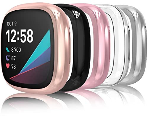 Hianjoo Hülle Kompatibel mit Fitbit Versa 3 / Sense, [5 Stück] TPU Silikon All-Around Schutzhülle mit Metallische Beschichtung Kompatibel mit Fitbit Sense/Versa 3