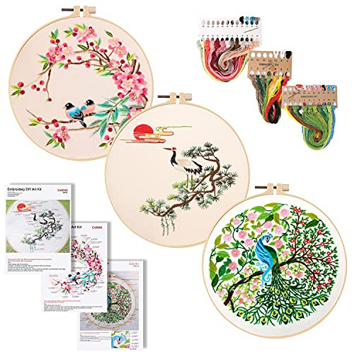 Vegena Anfänger Stickerei Set, 3 Sets Handmade Embroidery Starter Kit,Kreuzstich-Set Embroidery Starter Kit,Runde Einstellbare Stickerei Tool Kit,Kreuzstich Kits mit 3 Stickereien floralen Tiermustern