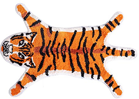 Personalisierter Tiger-Druck-Teppich, niedlicher Kunst-Tiger-Teppich, rutschfest, kleine Teppiche für Heimdekoration, flauschiger Tierdruck, Spielmatte 66x99 cm, Orange