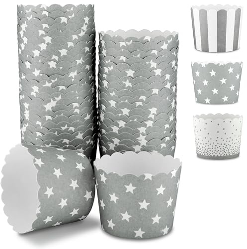 Frau WUNDERVoll® 50 Muffin Backformen grau, weiße Sterne, Durchmesser 5 cm/Muffins Muffinbackform Muffinform Form Backförmchen Cupcake Formen Förmchen Papier Cupcakeformen