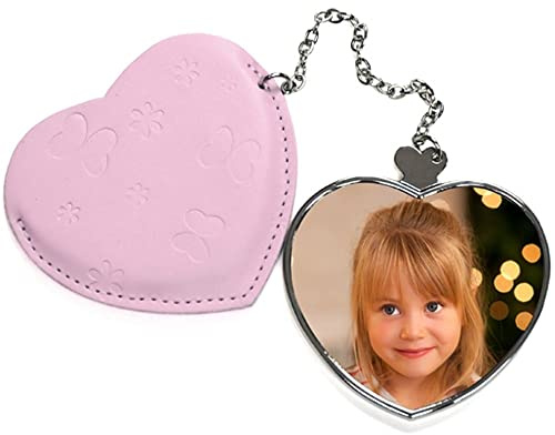 Personalisierbarer Taschenspiegel aus Metall in Herzform mit rosa Lederetui - Taschenspiegel mit Etui und Foto zum Selbstgestalten - Taschenspiegel zum Selbstgestalten mit Herzetui aus rosa Leder