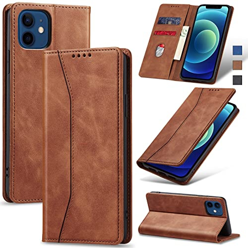 Jasonyu Handyhülle für iPhone 12/12 Pro, PU Leder Flip Klapphülle, Braun | Magnetische Schutzhülle, Ständer, Kartenfächern, Klappbar, Stoßfeste TPU Stoßsicher Hülle