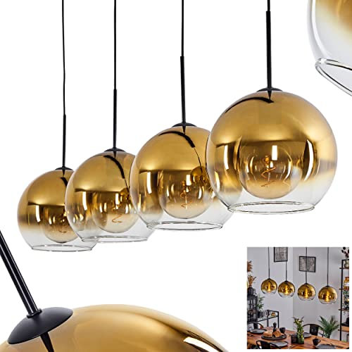 Hängeleuchte Koyoto, Hängelampe aus Metall/Glas in Schwarz/Goldfarben/Klar, Leuchte 4-flammig im Vintage/Retro Design mit Schirmen aus Glas (Ø 25 cm), Höhe max. 147 cm, 4 x E27, ohne Leuchtmittel
