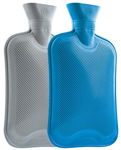 Wärmflasche Ohne Bezug, 2er und 3er Pack Wärmflaschen Groß 1.8L Gummi, Hot Water Bottle Robust und Langlebig aus Naturkautschuk, Bettflasche für Kinder und Erwachsene (Gris/Blau, 2 pack)