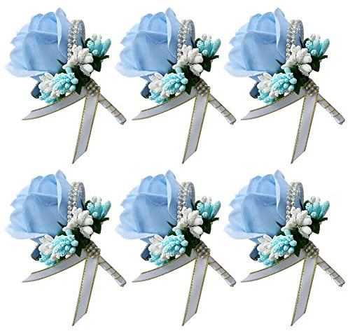 6 Stück Hochzeit Braut Blumen Anstecker,Handgefertigte Rose Bräutigam Boutonniere Hochzeitsbrosche Blumenstrauß Korsage künstliche Blumen für Party Prom Männer Anzug Dekoration,Blau
