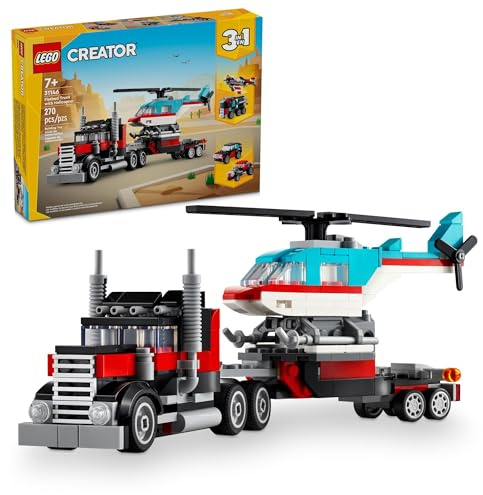 LEGO Creator 3 in 1 Flatbed Truck with Helicopter Toy, Transforms from Flatbed Truck Toy to Propeller Plane to Hot Rod and SUV Cars, Gift Idea for Boys and Girls Ages 7 Years Old and Up, 31146