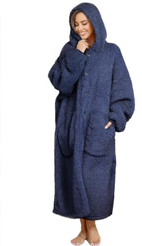 ililmmoe Plush Hoodie Blanket for Women and Men Super Warm and Cozy Plus Size Wearable Blanket Hoodies Homewear Thick Loose Plush Coats(Navy)