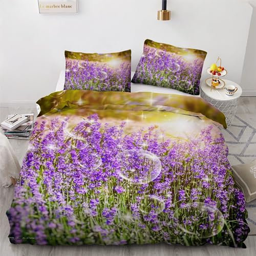 ROUSKI Bettwäsche Lavendel 155x220 cm 3teilig 100% Leicht Mikrofaser Bettbezug Lila Blume Wendebettwäsche mit Reißverschluss 3D Motiv Zimmer Dekor Bettwäsche-Sets mit 2 Kissenbezüge 80x80