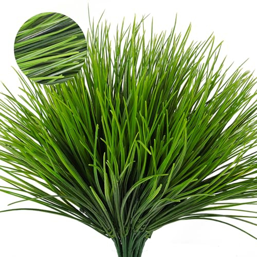 RECUTMS 12 Bundles Artificial Grasses Outdoor Plants Fake Wheat Grass Greenery Shrubs UV Resistant for Planters Wedding Indoor Outside Garden Porch Bathroom Home Office Window Box Decor(Green)