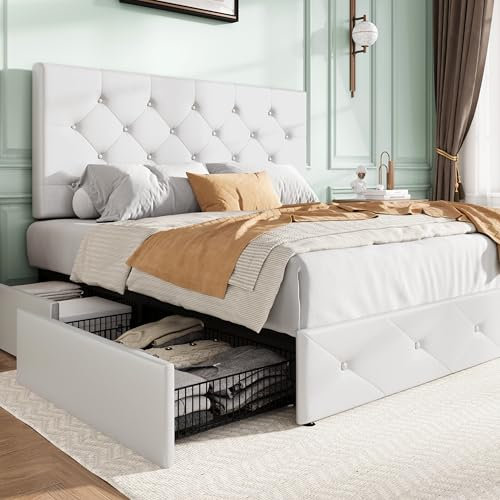 SHA CERLIN Upholstered Queen Size Platform Bed Frame with 4 Storage Drawers, Adjustable Headboard with Diamond Stitched Button Tufted Design, Wooden Slat Support, No Box Spring Needed, White
